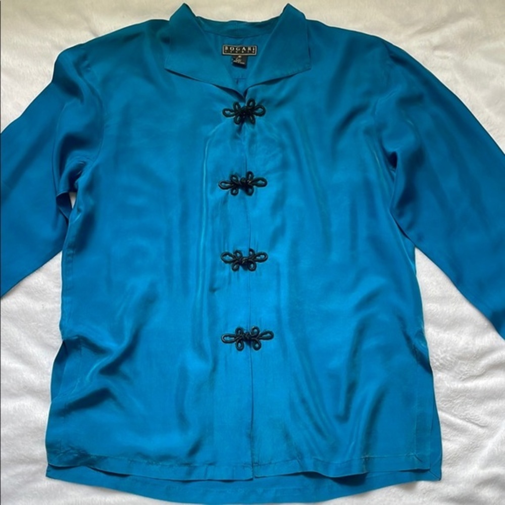 100% Silk Blue Silk Blouse with Knot Buttons